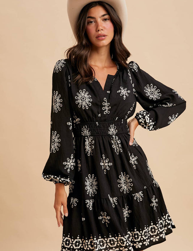 Santa Fe Border Print long sleeve dress