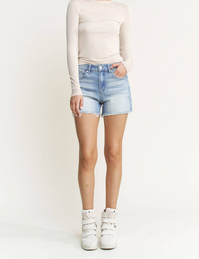 Mica Denim High Rise Frayed Hem Shorts