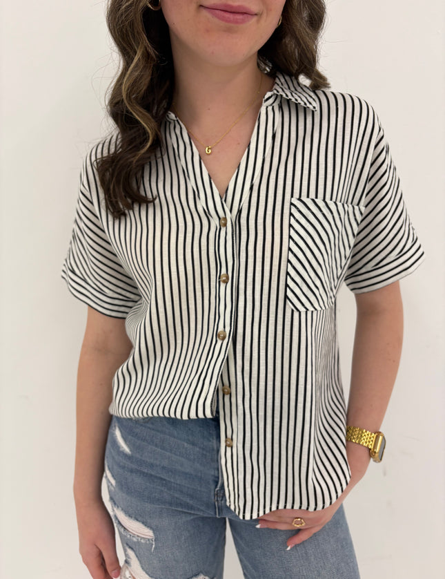 Stripe Collar Button Down Short Sleeve Linen Shirt