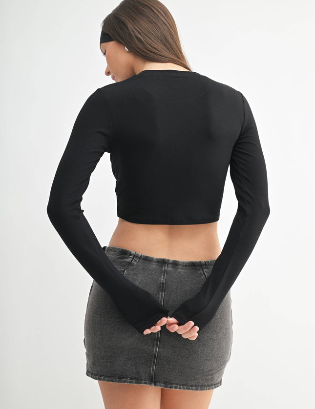Micro-Ribbed Long-Sleeved Cropped Top