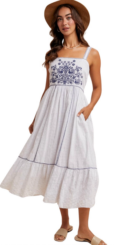 The Hamptons Cross Stitch Embroidered Midi Dress