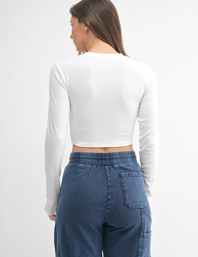 Micro-Ribbed Long-Sleeved Cropped Top