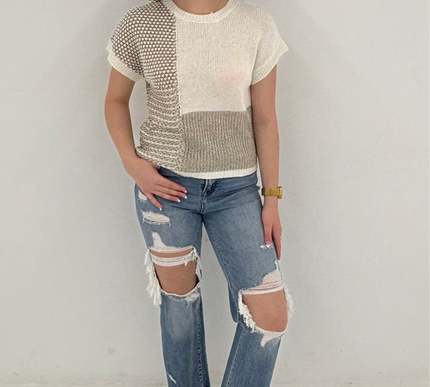 Color Block Short Sleeve Sweater