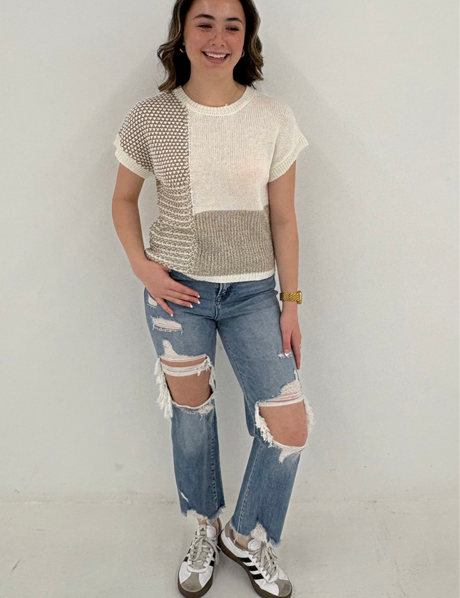 Color Block Short Sleeve Sweater