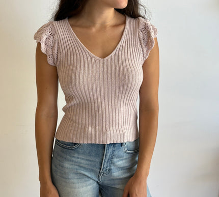 Leia Flutter Crochet Sleeve Sweater