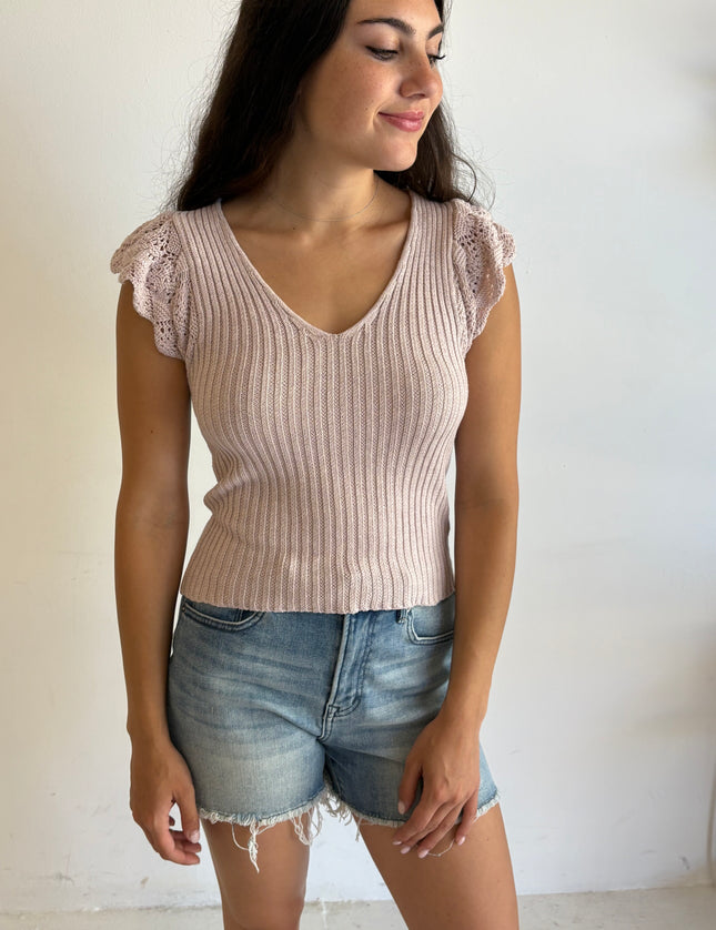 Leia Flutter Crochet Sleeve Sweater