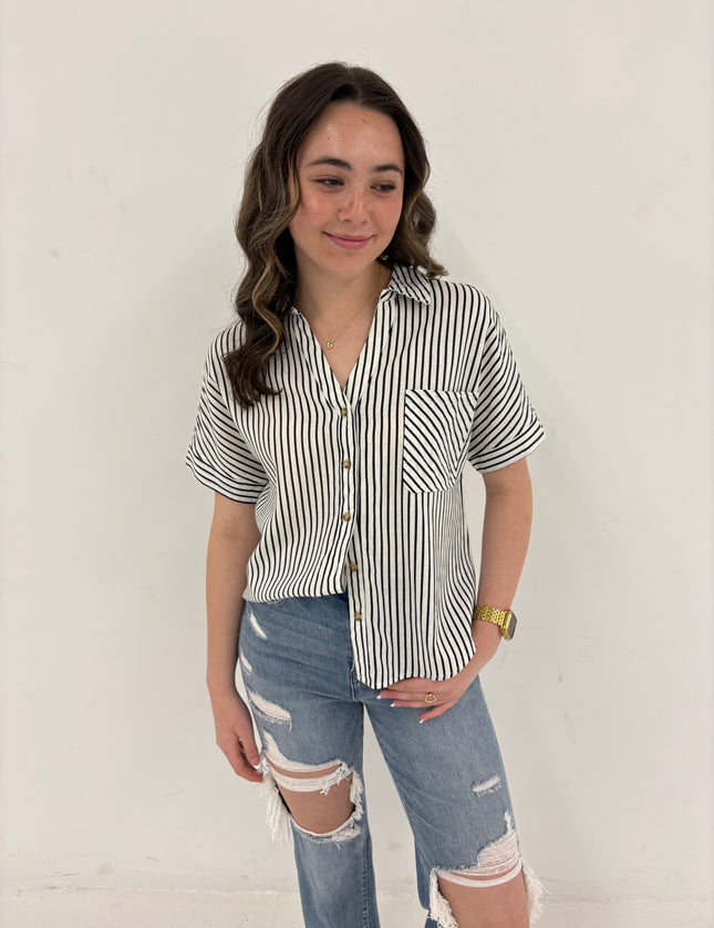 Stripe Collar Button Down Short Sleeve Linen Shirt