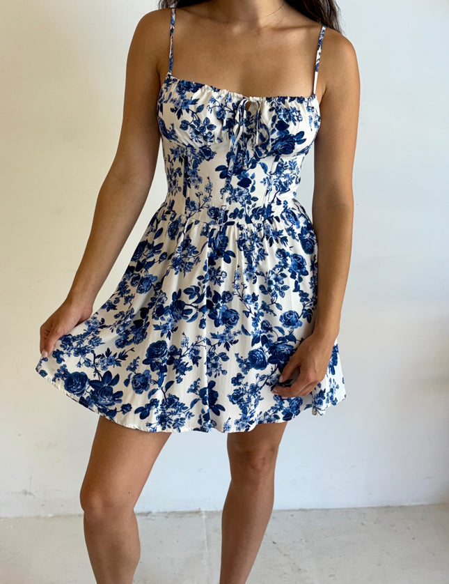 Paisley Print Bustier Short Dress (Navy)