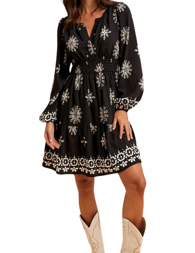 Santa Fe Border Print long sleeve dress