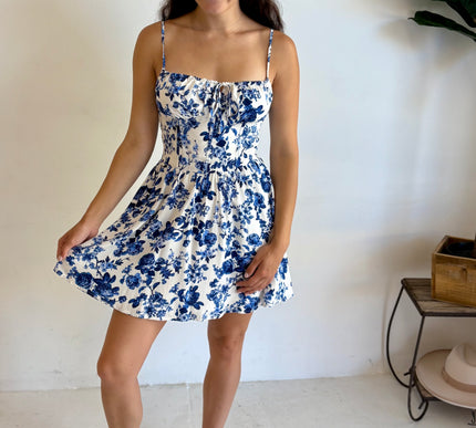 Paisley Print Bustier Short Dress (Navy)