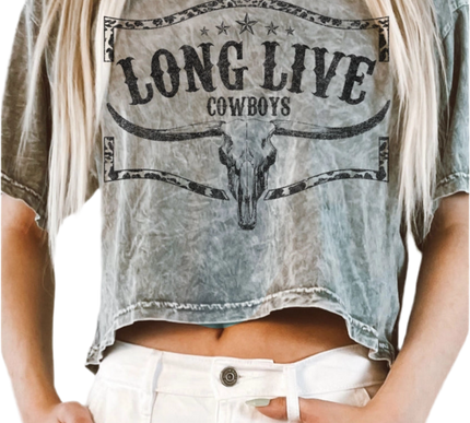 Acid Washed Long Crop "Long Live Cowboys" Graphic Tee