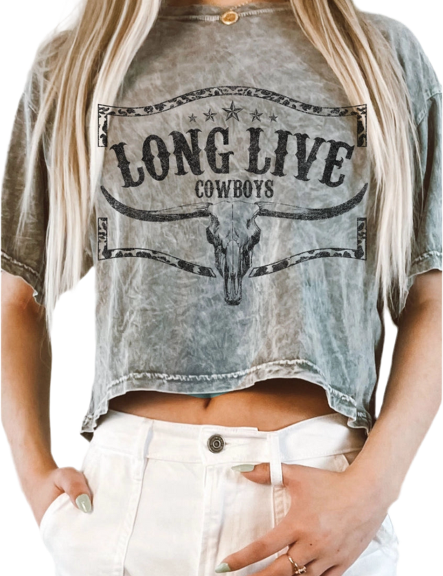Acid Washed Long Crop "Long Live Cowboys" Graphic Tee