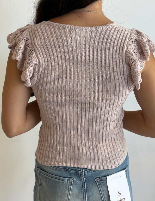Leia Flutter Crochet Sleeve Sweater