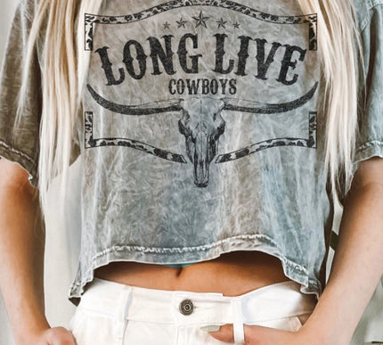 Acid Washed Long Crop "Long Live Cowboys" Graphic Tee