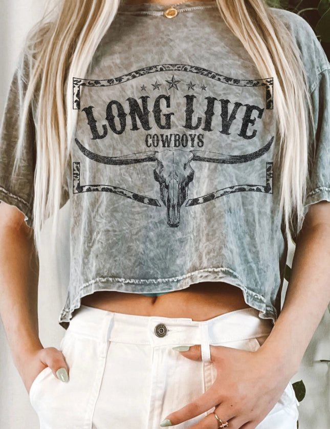 Acid Washed Long Crop "Long Live Cowboys" Graphic Tee