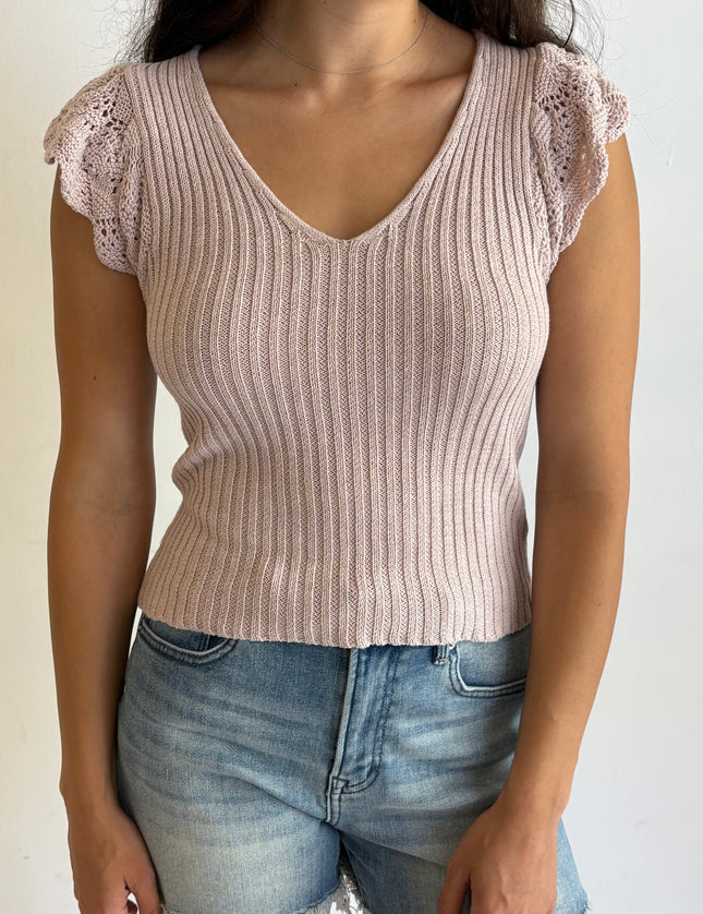Leia Flutter Crochet Sleeve Sweater