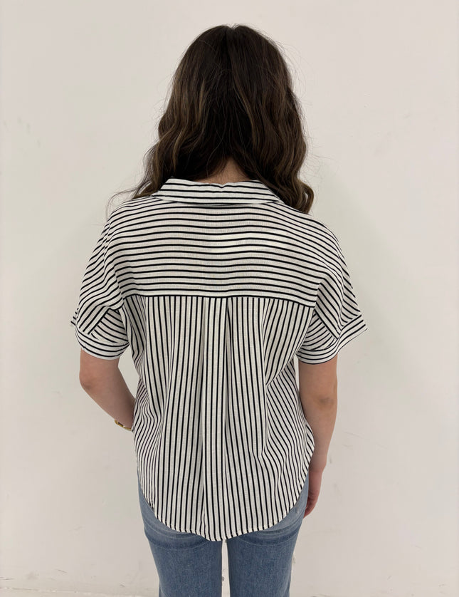 Stripe Collar Button Down Short Sleeve Linen Shirt