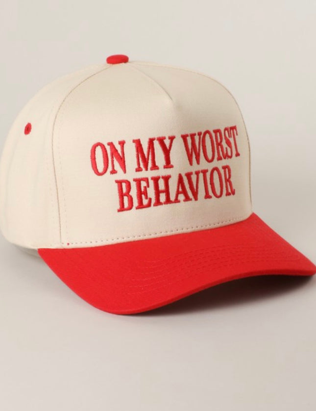 Embriodered Hat - On My Worst Behavior - Red
