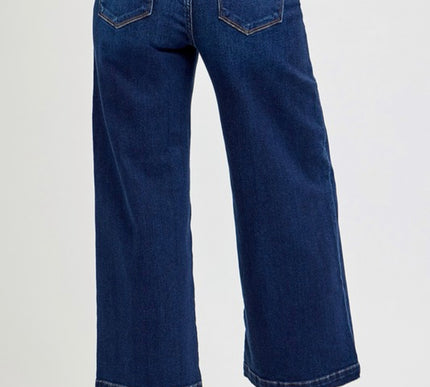 Risen denim High Waist cropped wide leg dark jean. Style # RDP5921