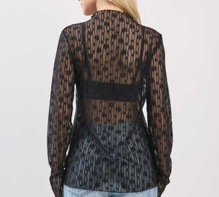 Mesh Floral Lace Long Sleeve- Black