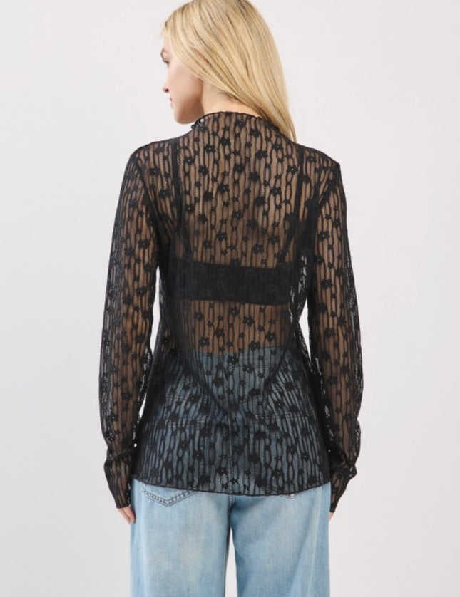 Mesh Floral Lace Long Sleeve- Black