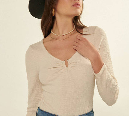 Solid Smocked V-Wire Neck Long Sleeve Bodysuit