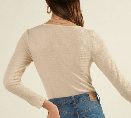 Solid Smocked V-Wire Neck Long Sleeve Bodysuit