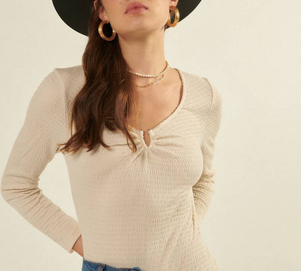 Solid Smocked V-Wire Neck Long Sleeve Bodysuit